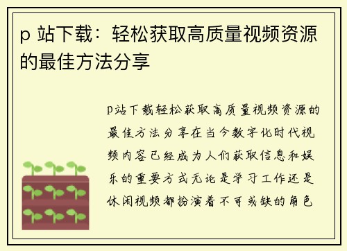 p 站下载：轻松获取高质量视频资源的最佳方法分享